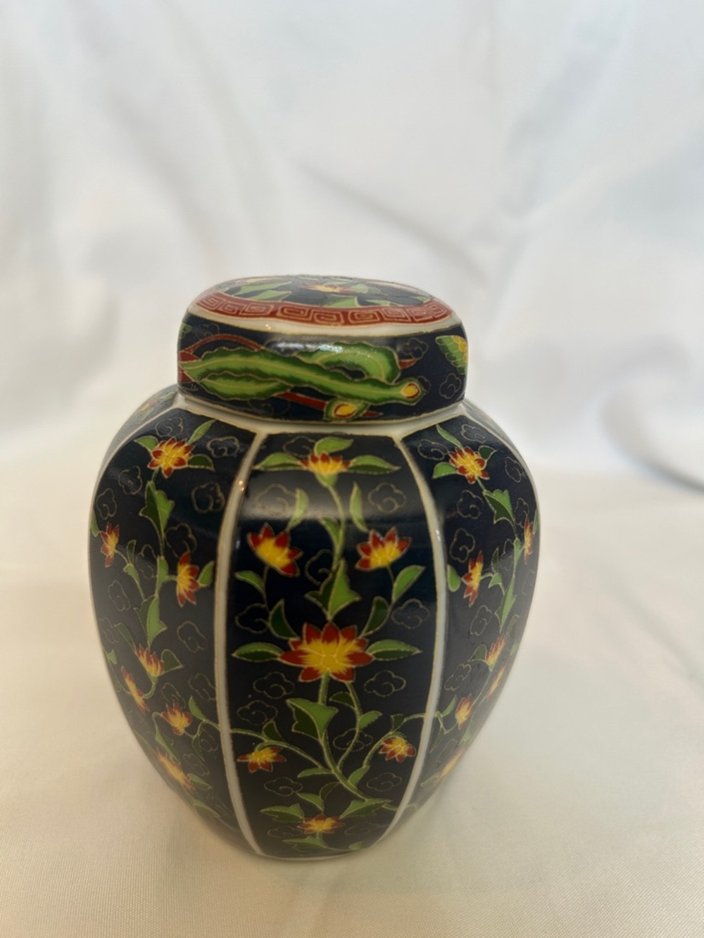 Kashmir Takahashi Floral Ginger Jar - Navy with Red & Green Accents